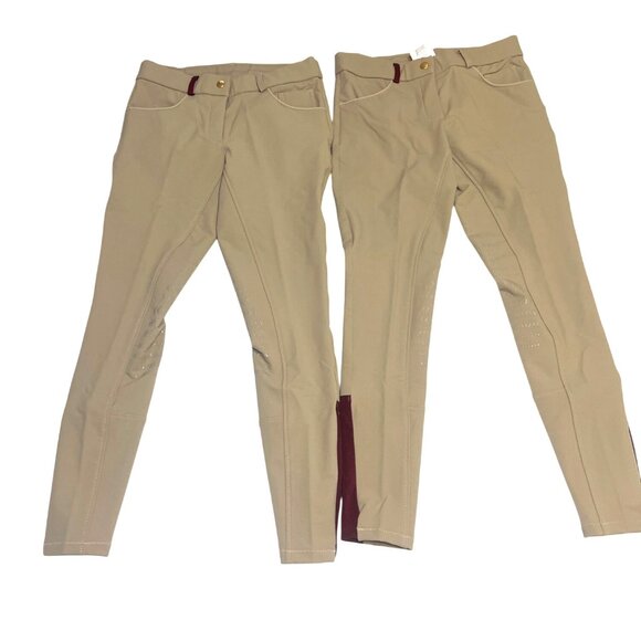 EQUO 2 PAIR Riding Breeches Mid-Rise Stretch Grip Fabric Maroon Trim Size 12 - Picture 2 of 10